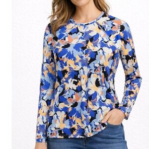 Athleta Floral Long Sleeve Rash Guard Swim Top UPF 50+ Blue Orange White S